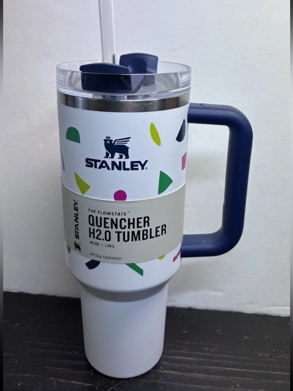Stanley White Tumbler with Navy Handle and Colorful Confetti Accents